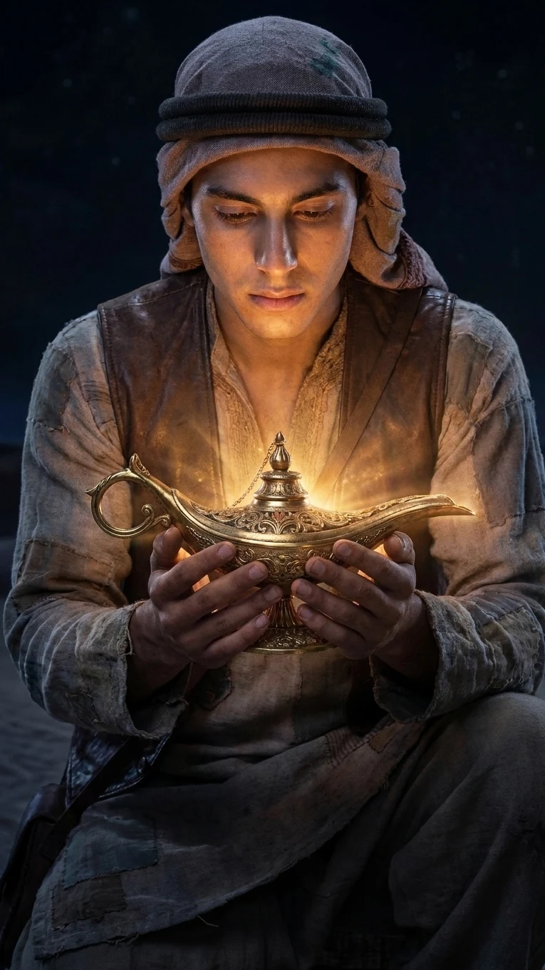 An adventurer seated in darkness looking down at a glowing golden lamp held in both hands.