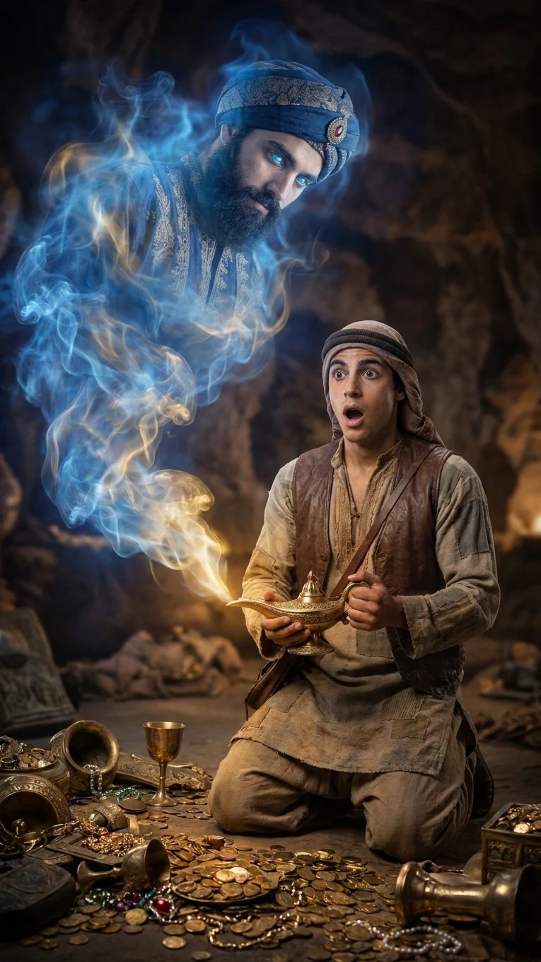 The adventurer kneeling with a glowing lamp as a turbaned genie leans toward him through blue and gold smoke.