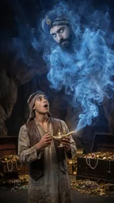 The adventurer looking up at a bearded genie in a turban emerging in blue smoke from the lamp.