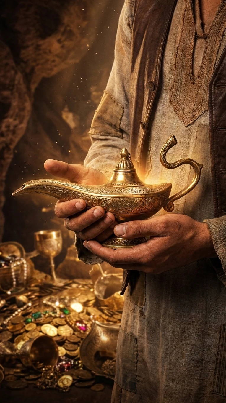 A close view of hands holding an engraved golden lamp against brown clothing and cave treasure.