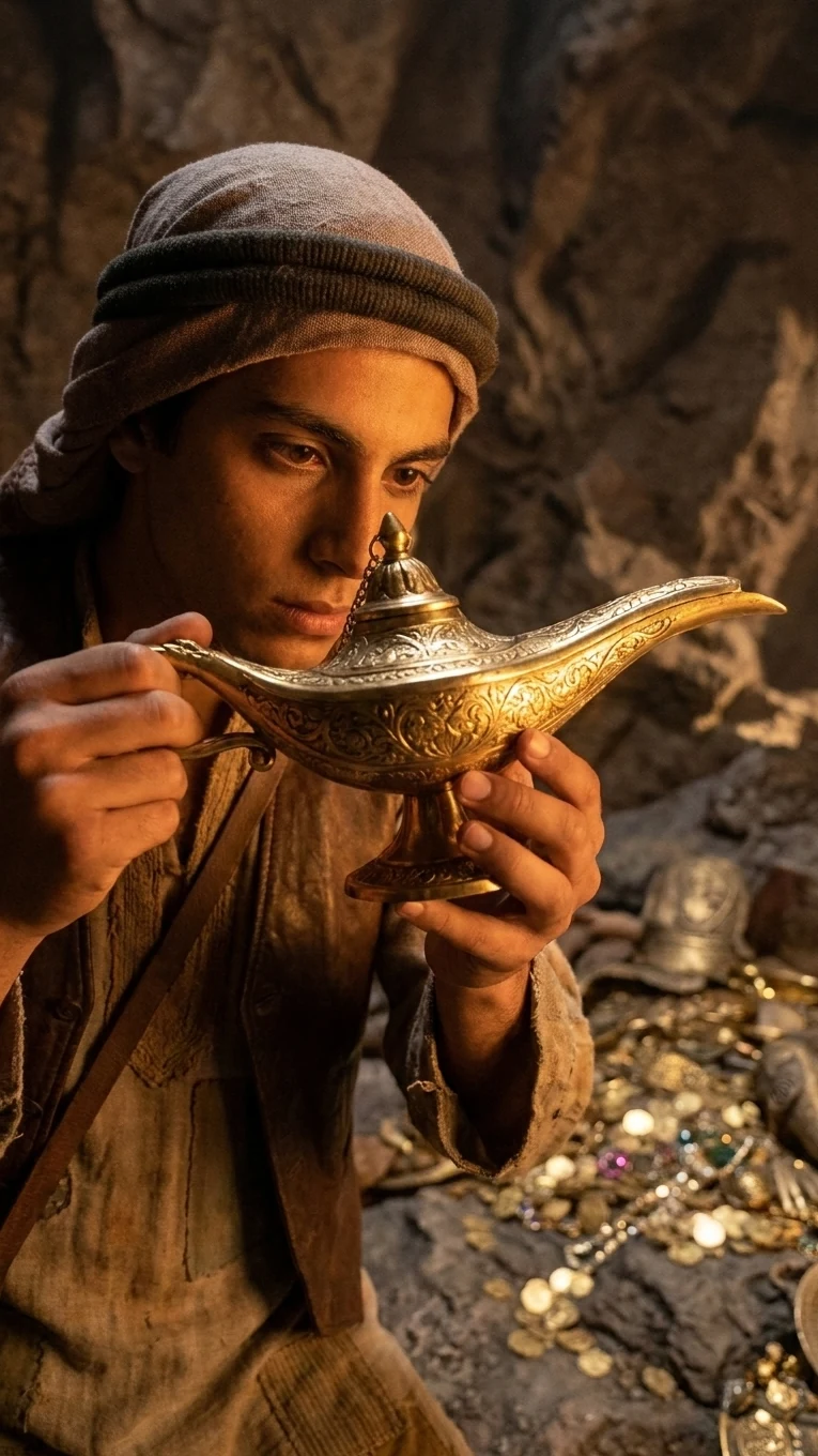 The adventurer leaning toward an ornate golden lamp, with treasure and rock behind him.