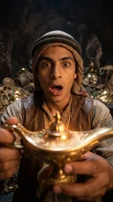 The adventurer with wide eyes and an open mouth behind a golden lamp close to the camera.