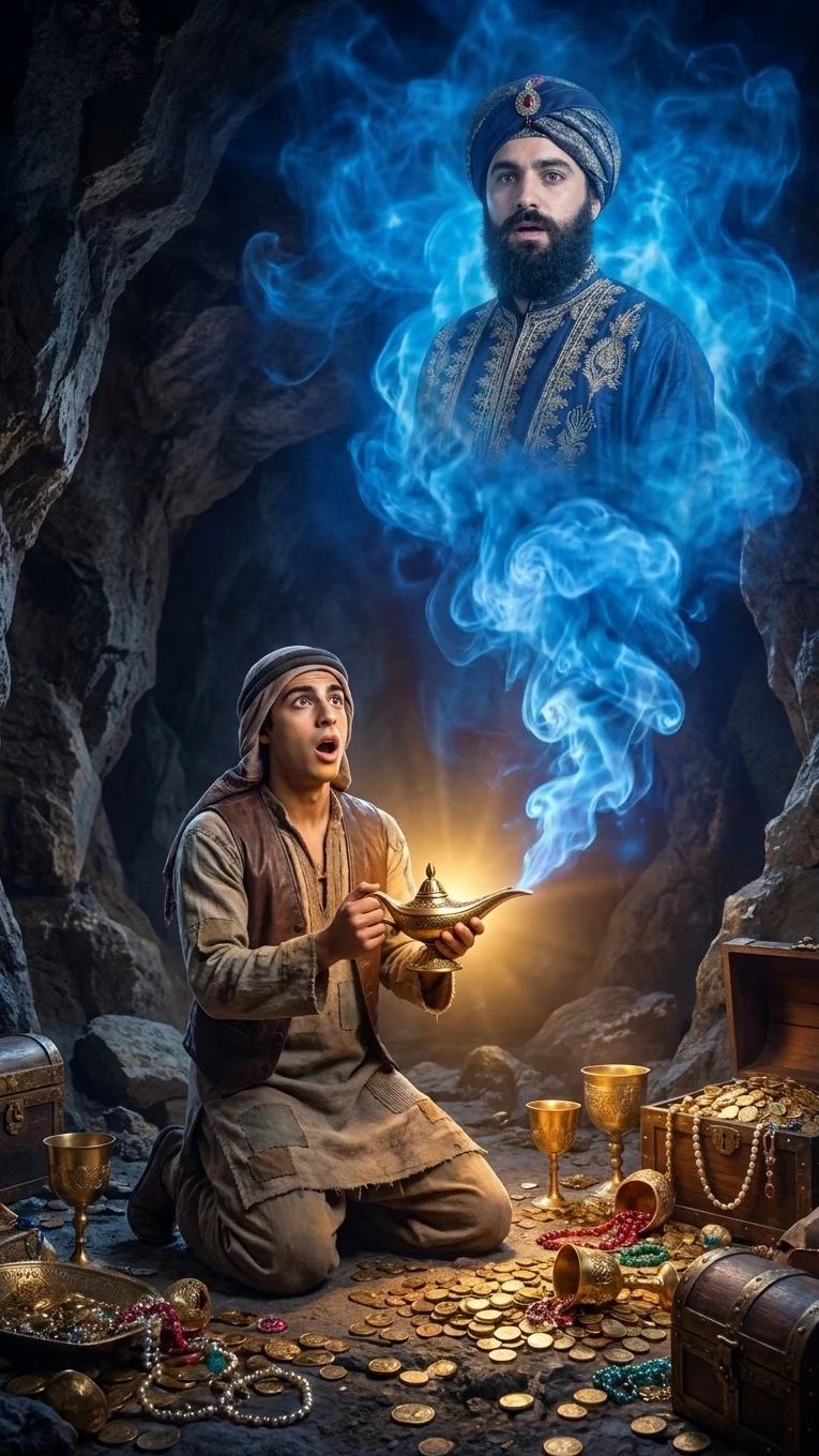 The adventurer kneeling among cave treasure with a lamp beneath a bearded genie in a turban and blue smoke.