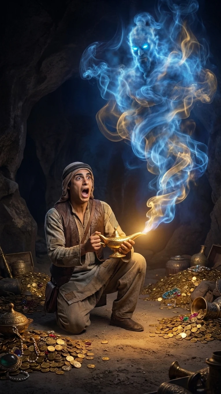 The adventurer kneeling with a golden lamp beneath a tall genie made of blue and gold smoke.