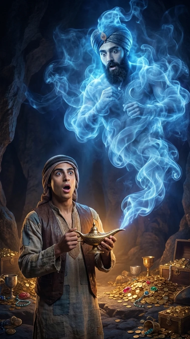 The adventurer holding a golden lamp and looking up at a bearded genie emerging in blue smoke.