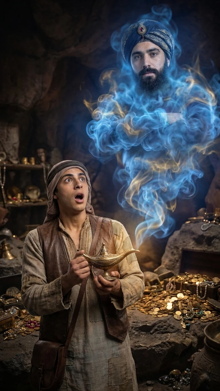 A closer view of the wide-eyed adventurer holding a lamp beneath a genie surrounded by blue and gold smoke.