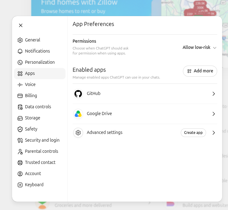 ChatGPT Settings, Apps tab: Permissions, Enabled apps, and an Advanced settings row with a Create app button.