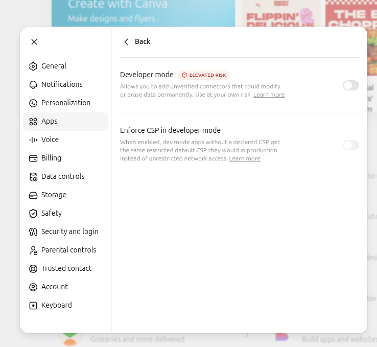 ChatGPT Advanced settings panel with a Developer mode toggle marked Elevated risk, and an Enforce CSP in developer mode toggle.