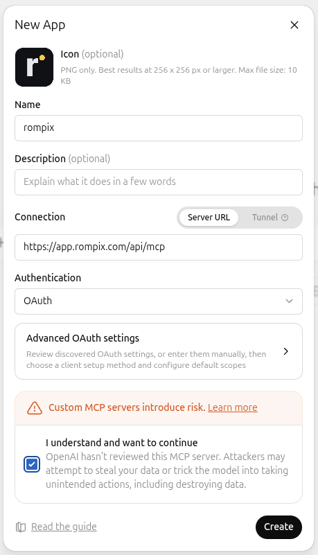 ChatGPT’s New App form: Name set to rompix, connection on Server URL with https://app.rompix.com/api/mcp, Authentication set to OAuth, the “I understand and want to continue” risk box checked, and a Create button.