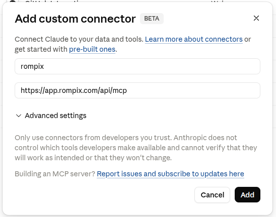 claude.ai’s “Add custom connector” dialog with the name set to rompix and the URL set to https://app.rompix.com/api/mcp, plus Cancel and Add buttons.