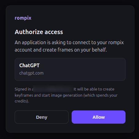 The rompix “Authorize access” consent screen: ChatGPT (chatgpt.com) is asking to connect and create frames on your behalf, with Deny and Allow buttons.